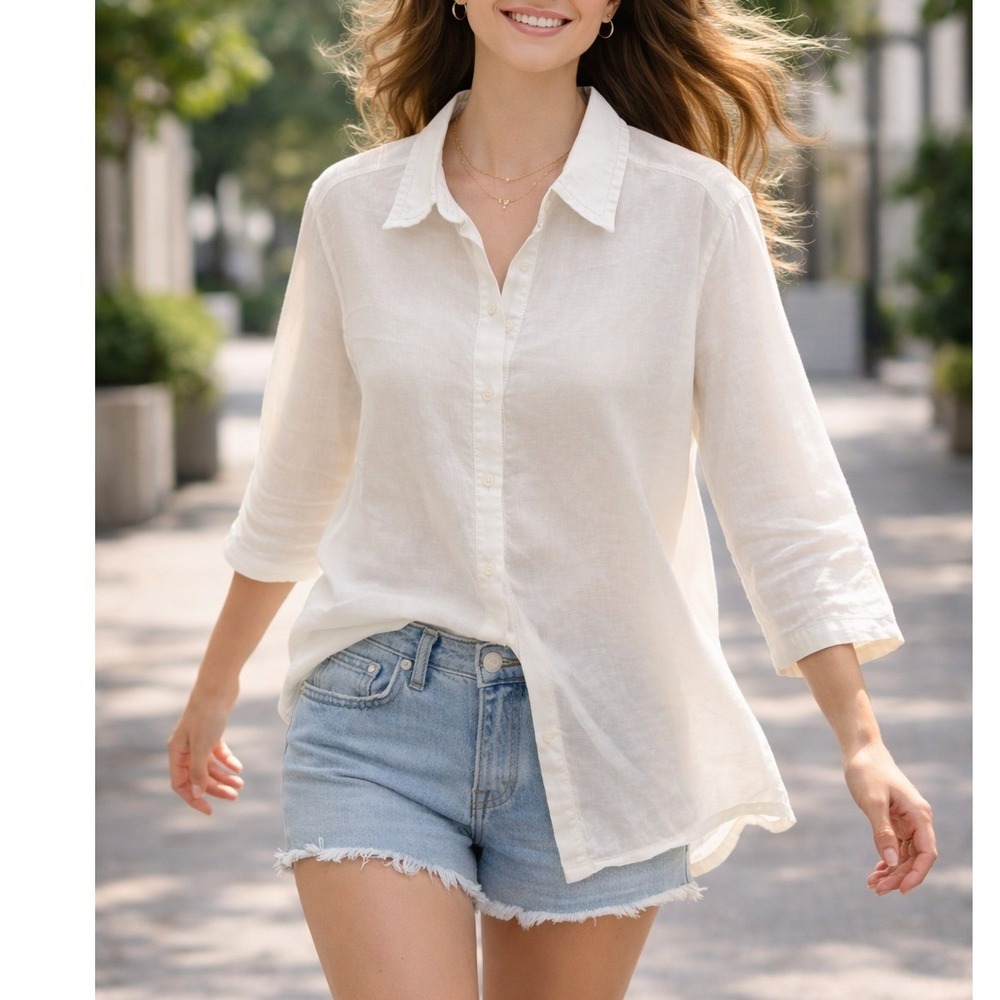 Liz Claiborne Button Up Shirt Women L White Good Linen 3/4 Sleeve Blouse
